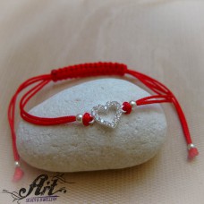 Гривна с червен конец и сребро "Сърце" B-391